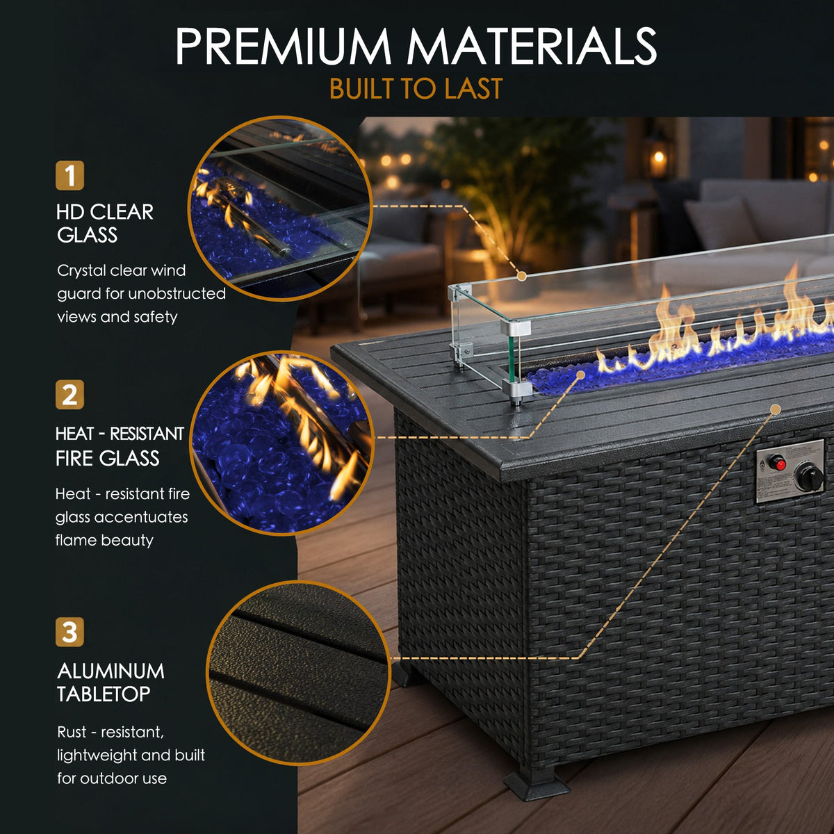 Kozyard Outdoor Patio Propane Gas Fire Pit Table 50,000 BTU Wicker Design, Aluminum Tabletop, Glass Wind Guard, Blue Fire Glass, Slide Out Tank Holder Patio Fire Table