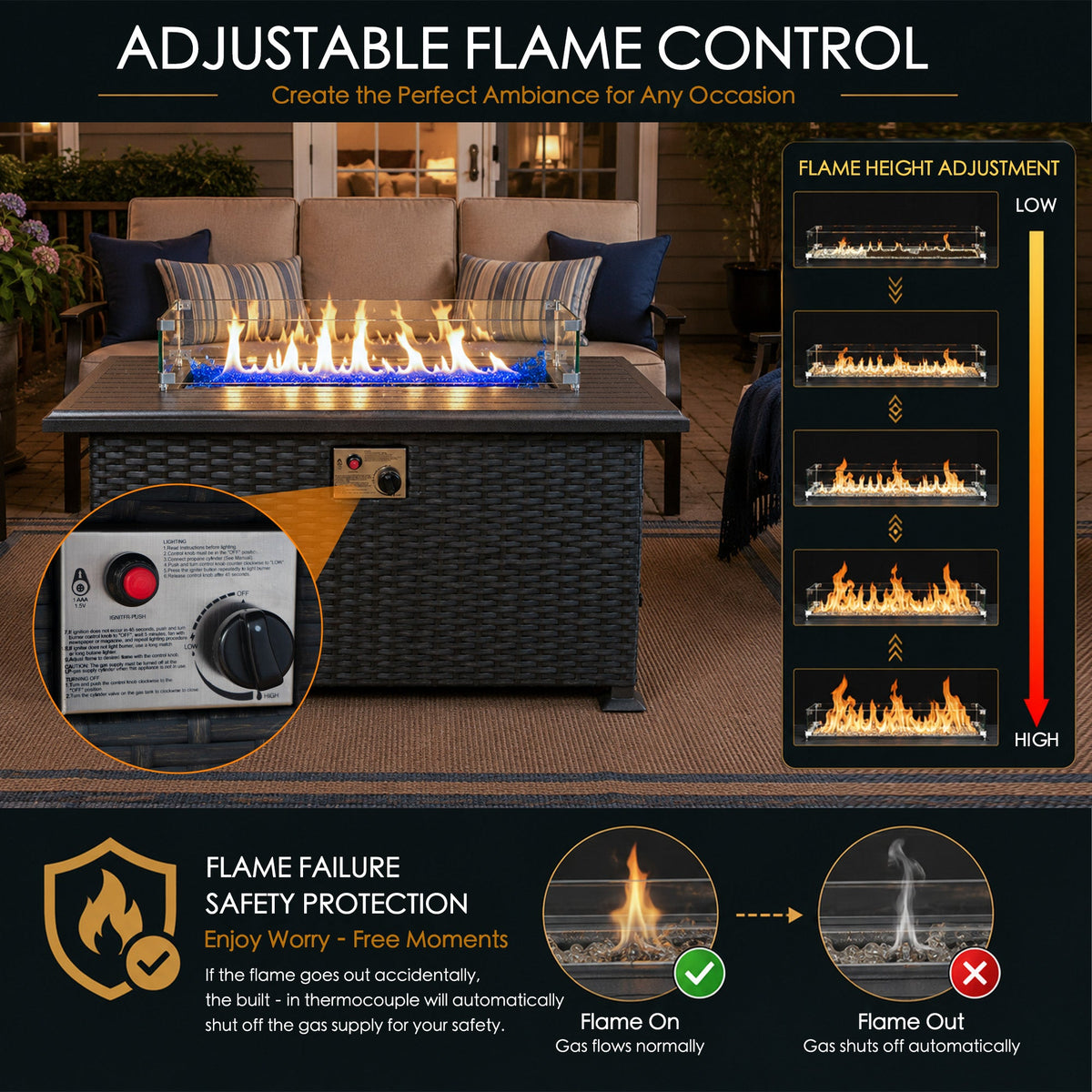 Kozyard Outdoor Patio Propane Gas Fire Pit Table 50,000 BTU Wicker Design, Aluminum Tabletop, Glass Wind Guard, Blue Fire Glass, Slide Out Tank Holder Patio Fire Table