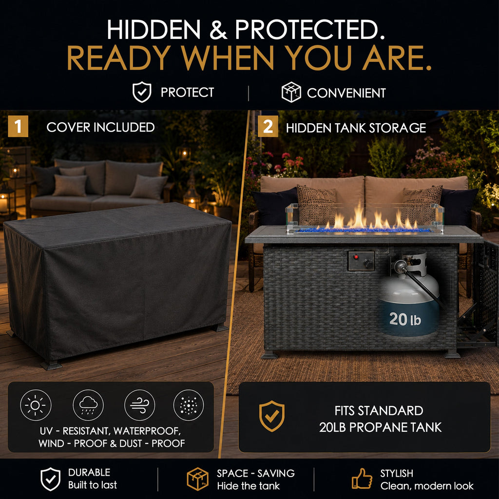 Kozyard Outdoor Patio Propane Gas Fire Pit Table 50,000 BTU Wicker Design, Aluminum Tabletop, Glass Wind Guard, Blue Fire Glass, Slide Out Tank Holder Patio Fire Table