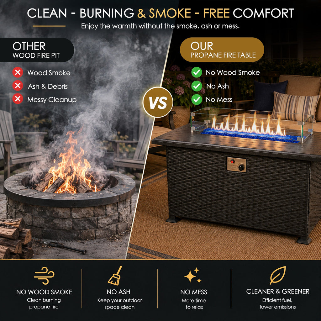 Kozyard Outdoor Patio Propane Gas Fire Pit Table 50,000 BTU Wicker Design, Aluminum Tabletop, Glass Wind Guard, Blue Fire Glass, Slide Out Tank Holder Patio Fire Table