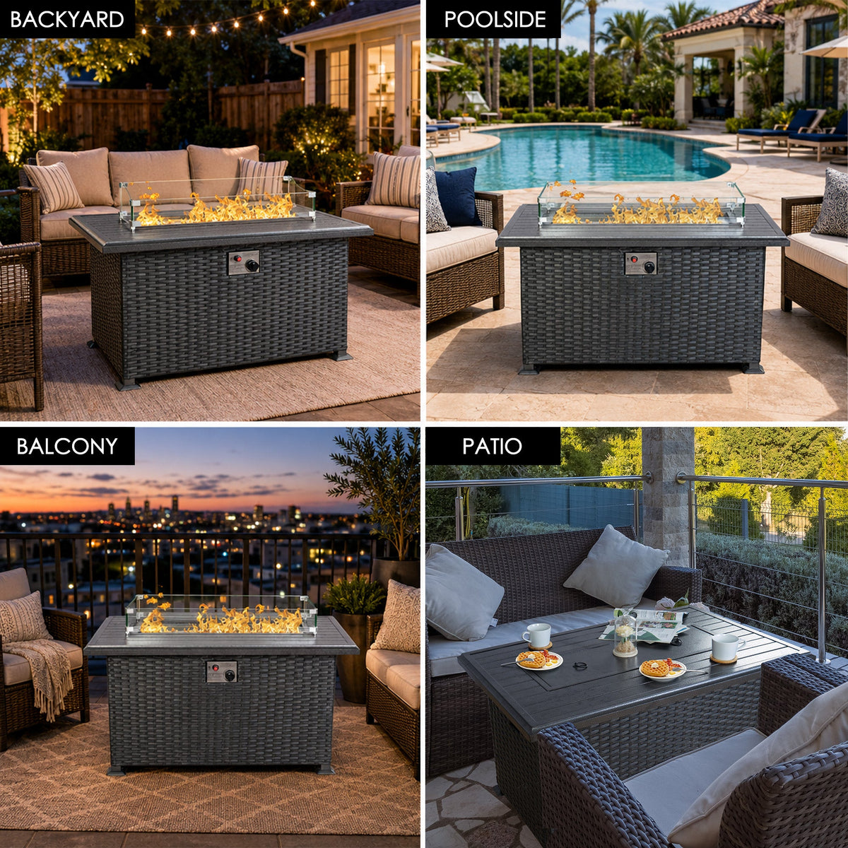 Kozyard Outdoor Patio Propane Gas Fire Pit Table 50,000 BTU Wicker Design, Aluminum Tabletop, Glass Wind Guard, Blue Fire Glass, Slide Out Tank Holder Patio Fire Table