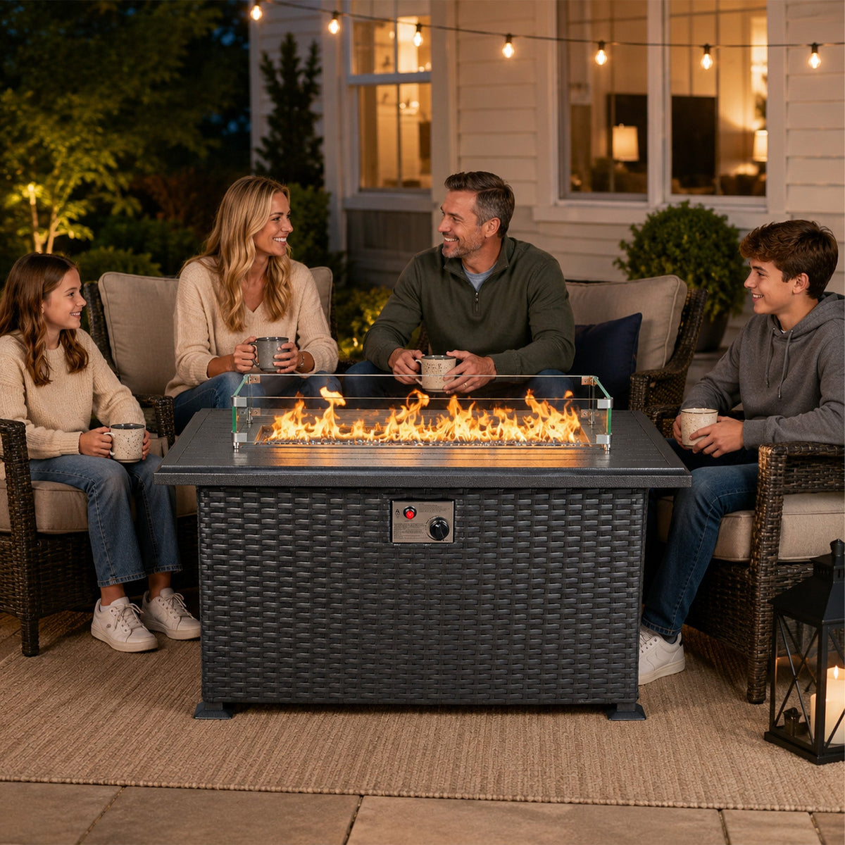 Kozyard Outdoor Patio Propane Gas Fire Pit Table 50,000 BTU Wicker Design, Aluminum Tabletop, Glass Wind Guard, Blue Fire Glass, Slide Out Tank Holder Patio Fire Table