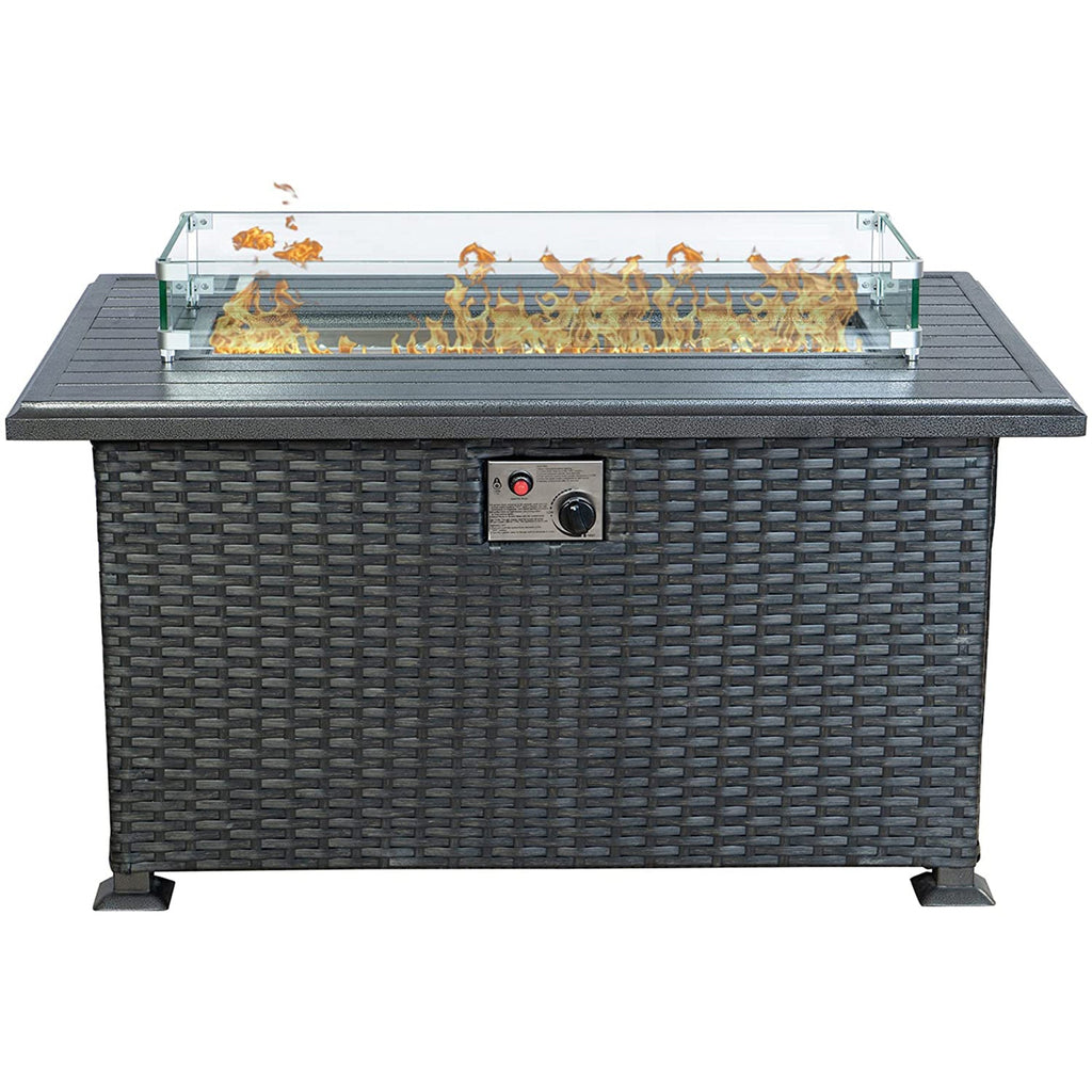 Kozyard Outdoor Patio Propane Gas Fire Pit Table 50,000 BTU Wicker Design, Aluminum Tabletop, Glass Wind Guard, Blue Fire Glass, Slide Out Tank Holder Patio Fire Table
