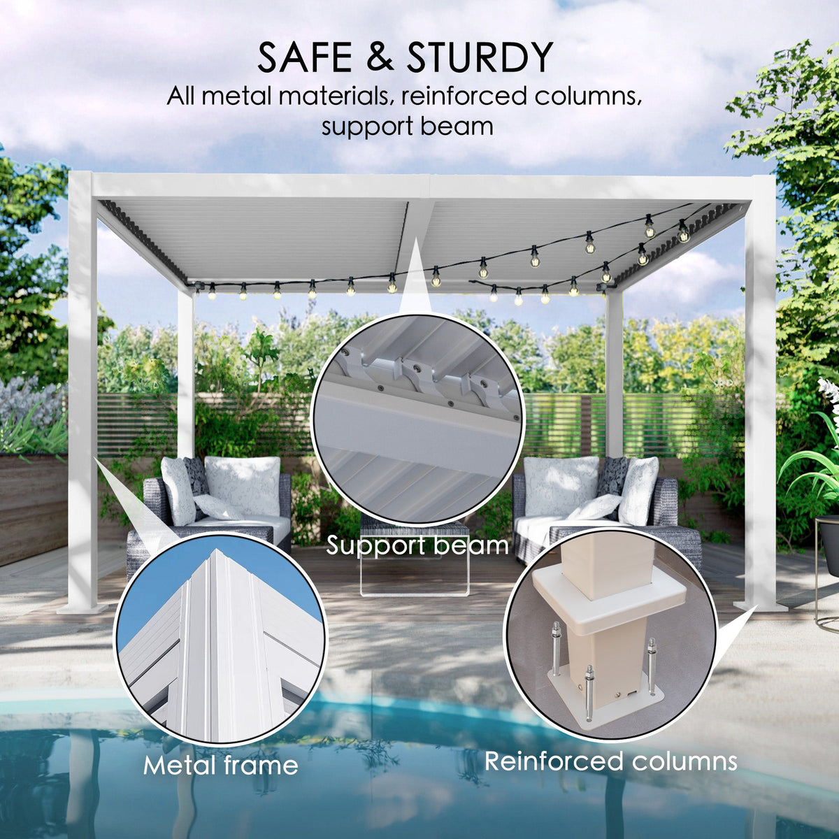 Kozyard Outdoor Louvered Pergola Sun Shade All-Weather Aluminum Packing Shelter with Drainage System and Adjustable Roof Waterproof for Outdoor Poolside Balcony Patio Garden Yard
