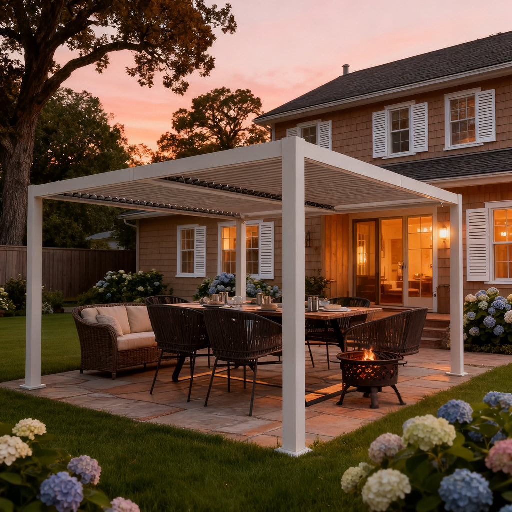 Kozyard Outdoor Louvered Pergola Sun Shade All-Weather Aluminum Packing Shelter with Drainage System and Adjustable Roof Waterproof for Outdoor Poolside Balcony Patio Garden Yard