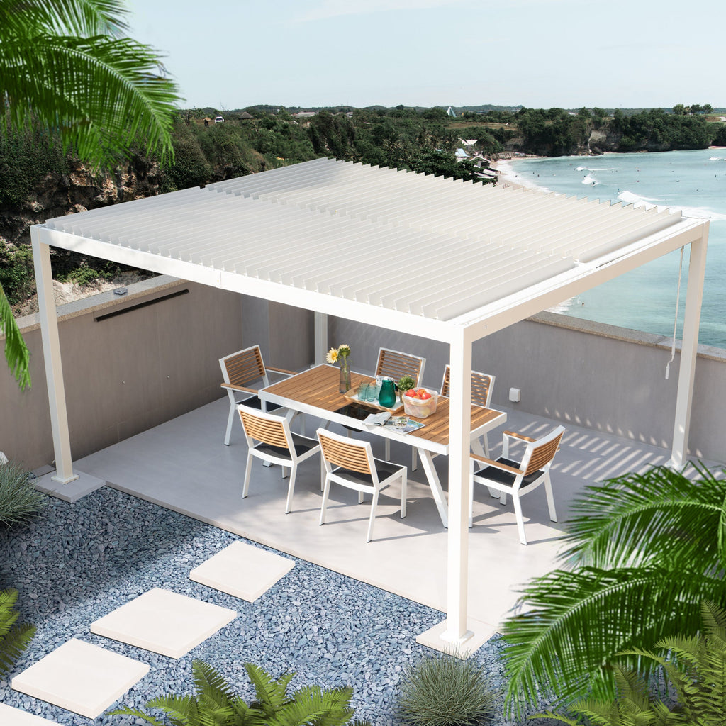 Kozyard Outdoor Louvered Pergola Sun Shade All-Weather Aluminum Packing Shelter with Drainage System and Adjustable Roof Waterproof for Outdoor Poolside Balcony Patio Garden Yard