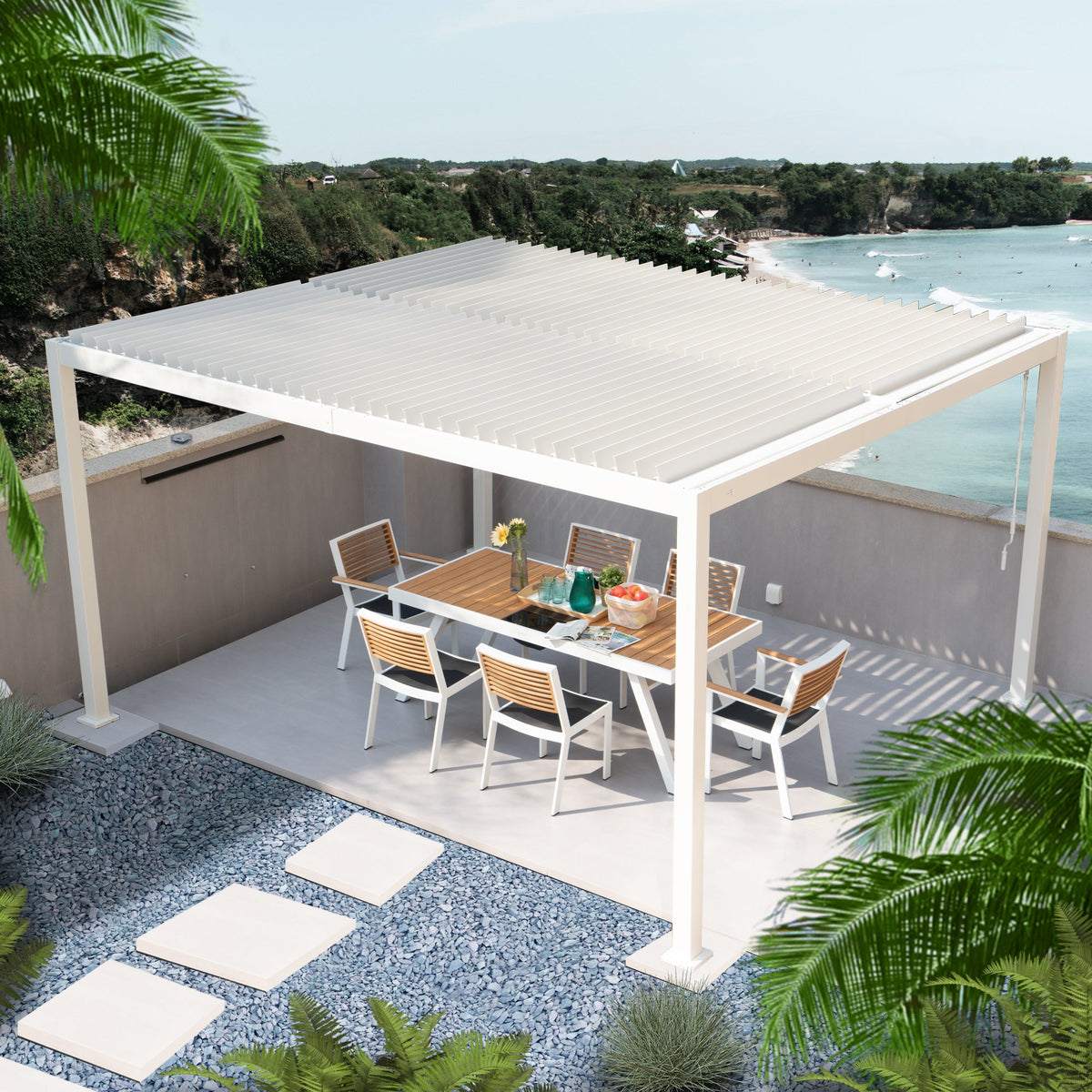Kozyard Outdoor Louvered Pergola Sun Shade All-Weather Aluminum Packing Shelter with Drainage System and Adjustable Roof Waterproof for Outdoor Poolside Balcony Patio Garden Yard