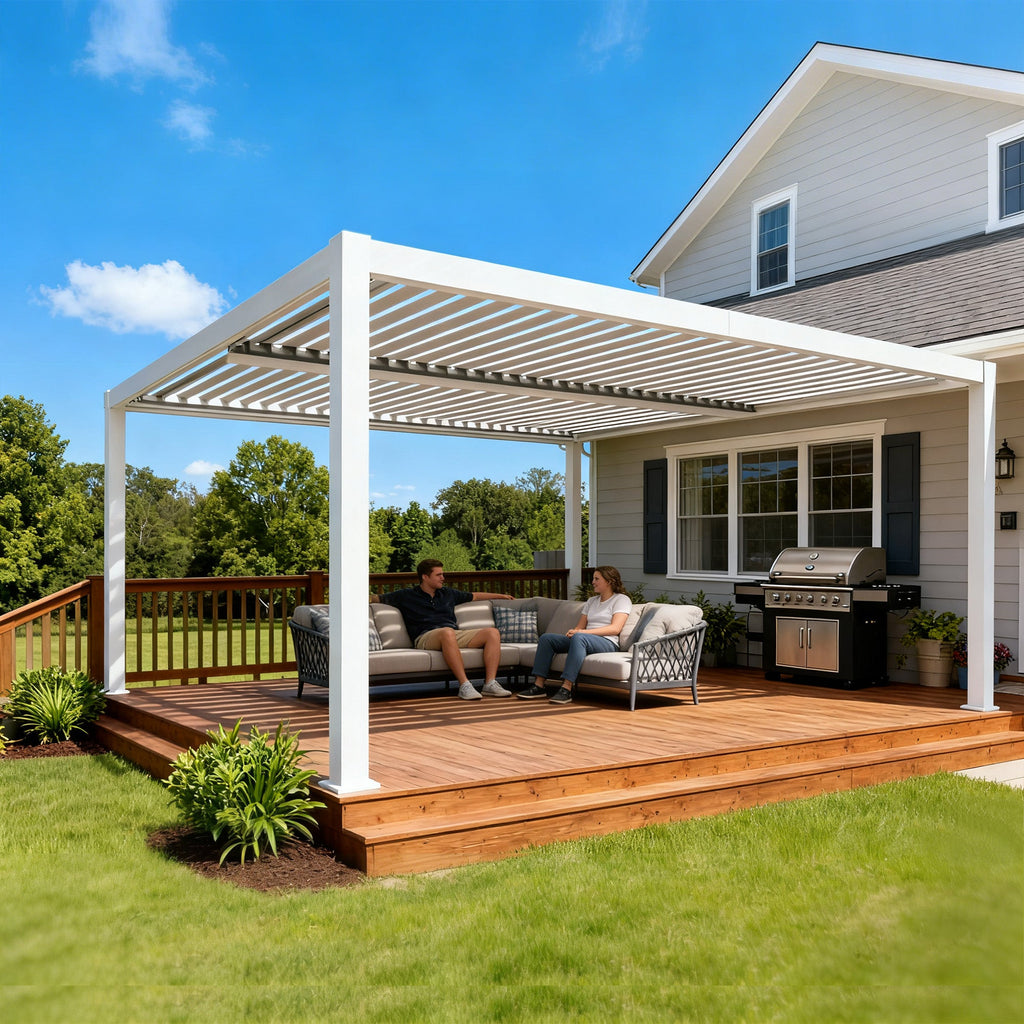 Kozyard Outdoor Louvered Pergola Sun Shade All-Weather Aluminum Packing Shelter with Drainage System and Adjustable Roof Waterproof for Outdoor Poolside Balcony Patio Garden Yard