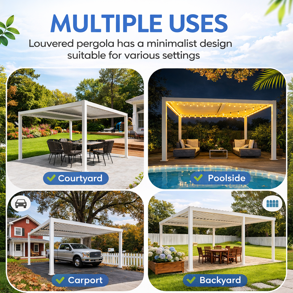 Kozyard Outdoor Louvered Pergola Sun Shade All-Weather Aluminum Packing Shelter with Drainage System and Adjustable Roof Waterproof for Outdoor Poolside Balcony Patio Garden Yard