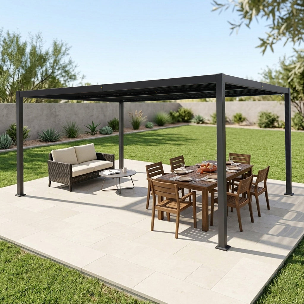 Kozyard Outdoor Louvered Pergola Sun Shade All-Weather Aluminum Packing Shelter with Drainage System and Adjustable Roof Waterproof for Outdoor Poolside Balcony Patio Garden Yard