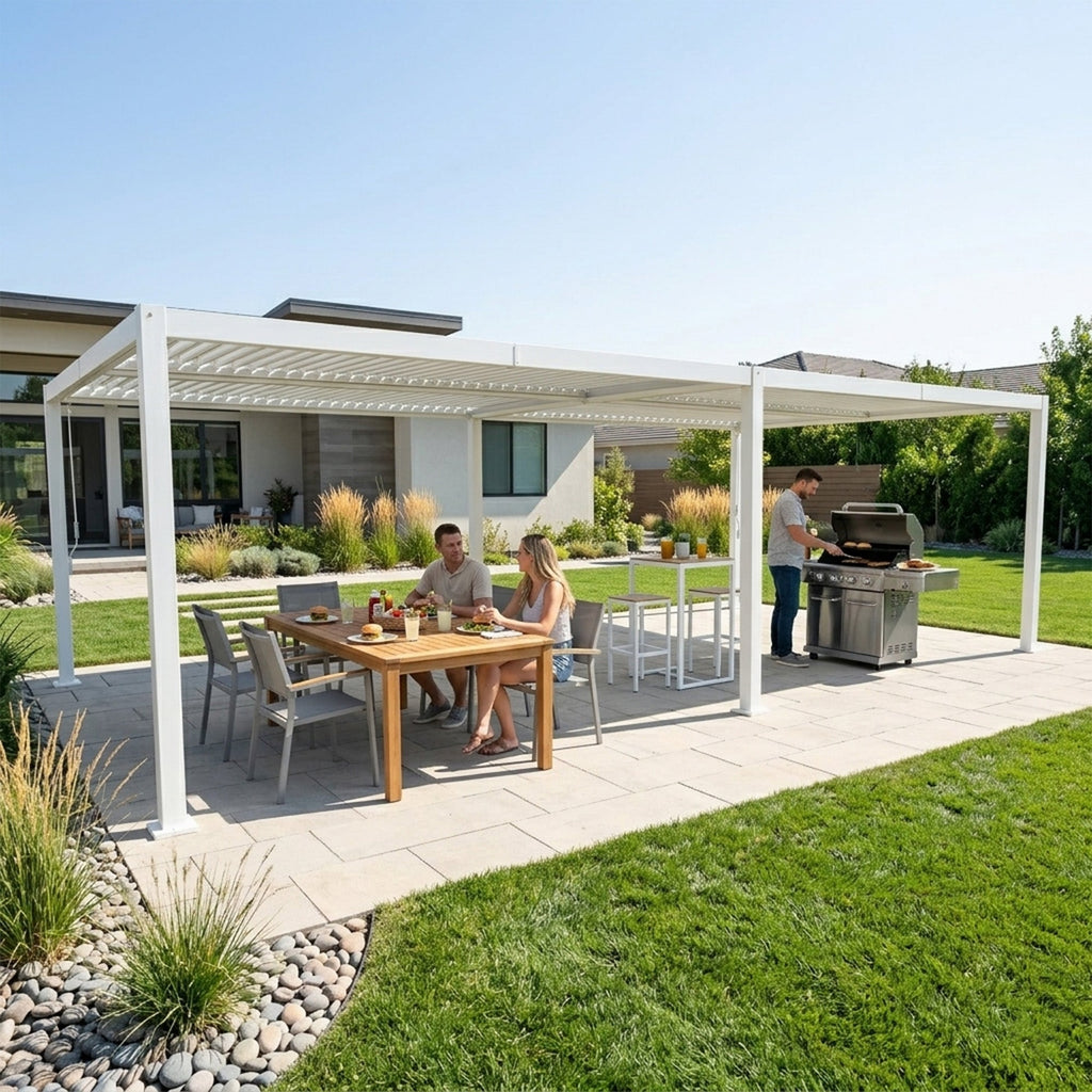 Kozyard Outdoor Louvered Pergola Sun Shade All-Weather Aluminum Packing Shelter with Drainage System and Adjustable Roof Waterproof for Outdoor Poolside Balcony Patio Garden Yard