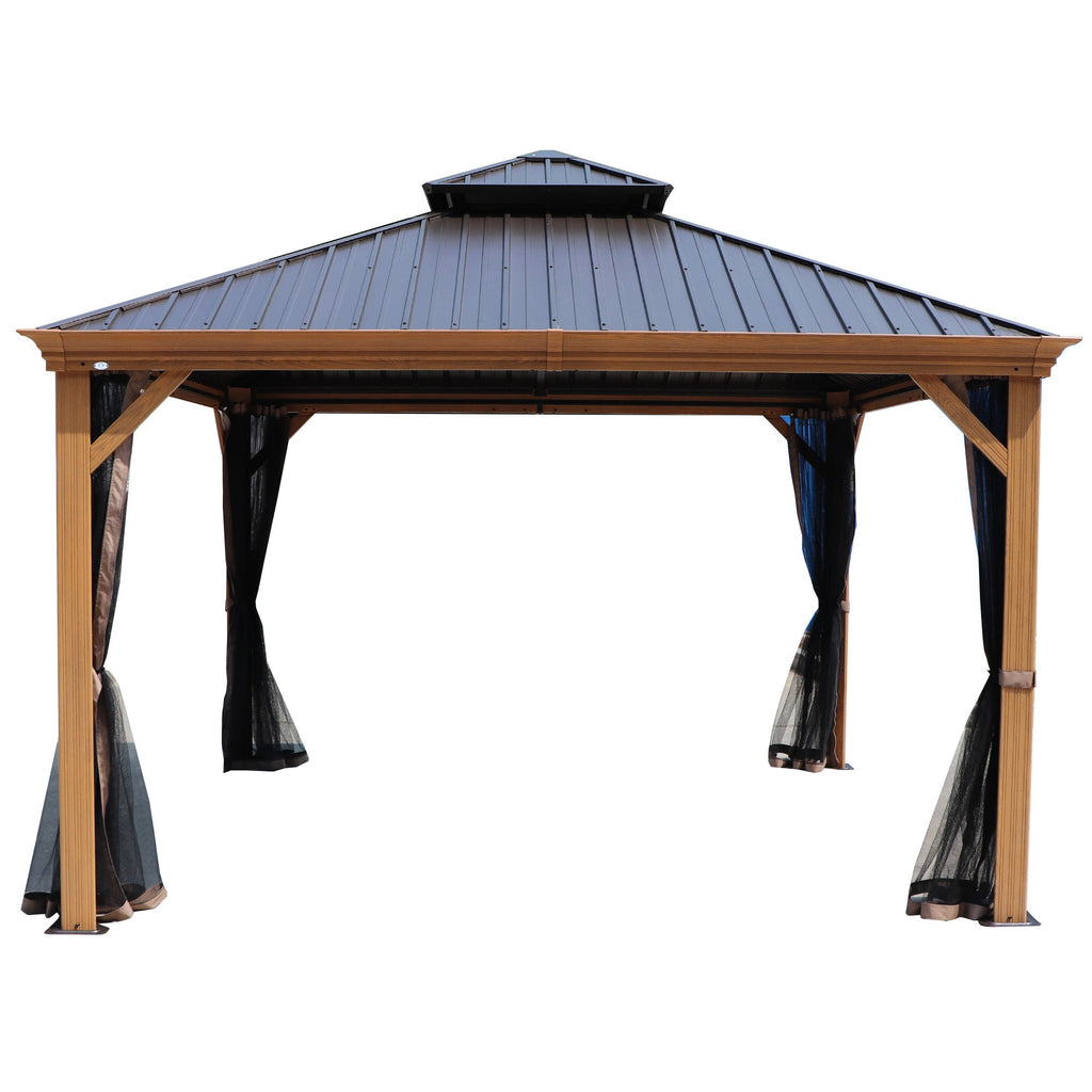 Kozyard Apollo 12’x12’ Hardtop Gazebo, Wooden Coated Aluminum Frame Canopy with Galvanized Steel Double Roof, Outdoor Permanent Metal Pavilion with Netting for Patio, Deck and Lawn
