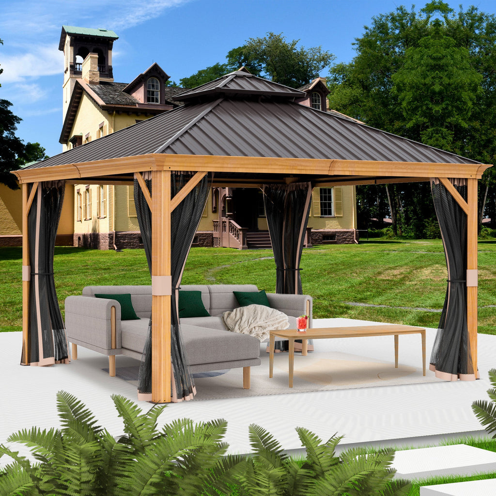 Kozyard Apollo 12’x12’ Hardtop Gazebo, Wooden Coated Aluminum Frame Canopy with Galvanized Steel Double Roof, Outdoor Permanent Metal Pavilion with Netting for Patio, Deck and Lawn