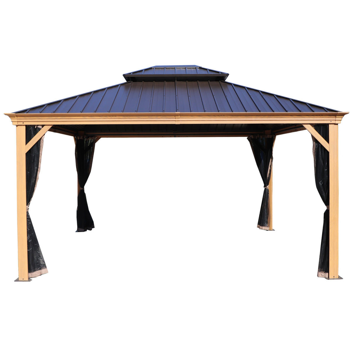 Kozyard Apollo 12’x14’ Hardtop Gazebo, Wooden Coated Aluminum Frame Canopy with Galvanized Steel Double Roof, Outdoor Permanent Metal Pavilion with Netting for Patio, Deck and Lawn