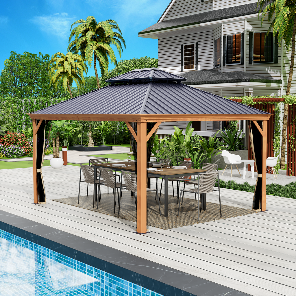 Kozyard Apollo 12’x14’ Hardtop Gazebo, Wooden Coated Aluminum Frame Canopy with Galvanized Steel Double Roof, Outdoor Permanent Metal Pavilion with Netting for Patio, Deck and Lawn