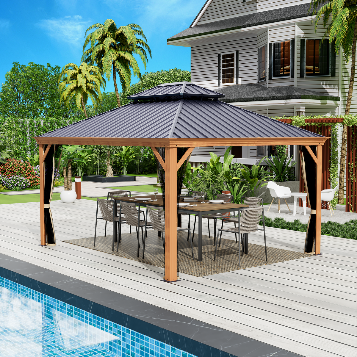 Kozyard Apollo 12’x14’ Hardtop Gazebo, Wooden Coated Aluminum Frame Canopy with Galvanized Steel Double Roof, Outdoor Permanent Metal Pavilion with Netting for Patio, Deck and Lawn
