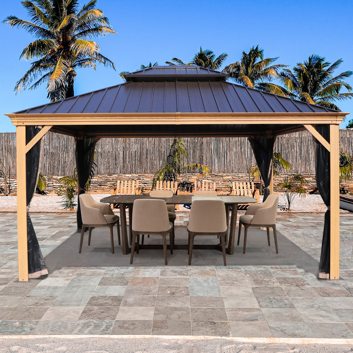 Kozyard Apollo 12’x14’ Hardtop Gazebo, Wooden Coated Aluminum Frame Canopy with Galvanized Steel Double Roof, Outdoor Permanent Metal Pavilion with Netting for Patio, Deck and Lawn