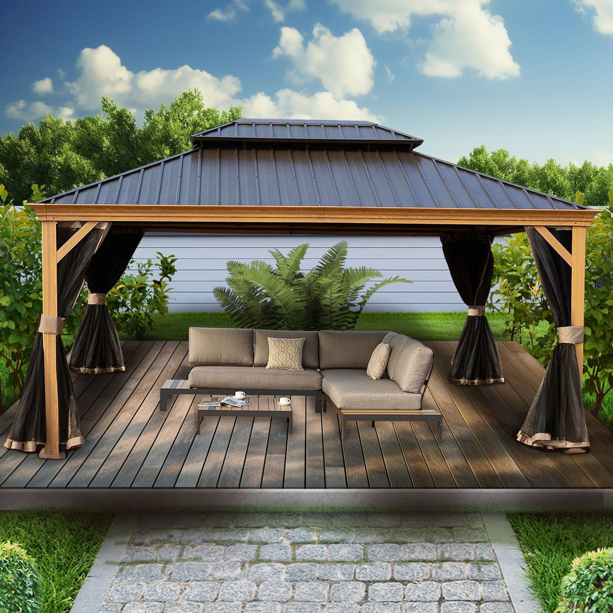 Kozyard Apollo 12ft x 16ft Aluminum Hardtop Gazebo with Galvanized Steel Double Roof and Mosquito Net, Outdoor Permanent Metal Pavilion with Netting for Patio, Deck and Lawn