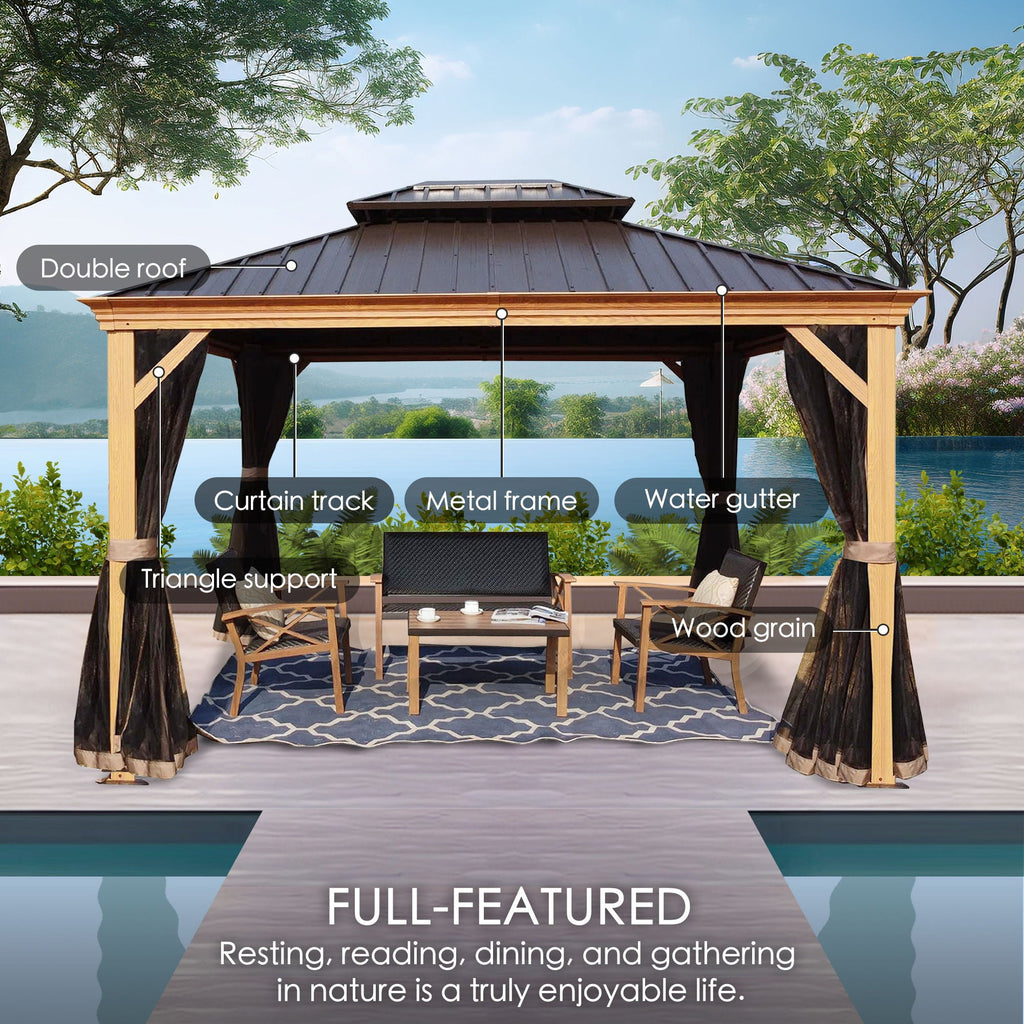 Kozyard Apollo 12ft x 16ft Aluminum Hardtop Gazebo with Galvanized Steel Double Roof and Mosquito Net, Outdoor Permanent Metal Pavilion with Netting for Patio, Deck and Lawn