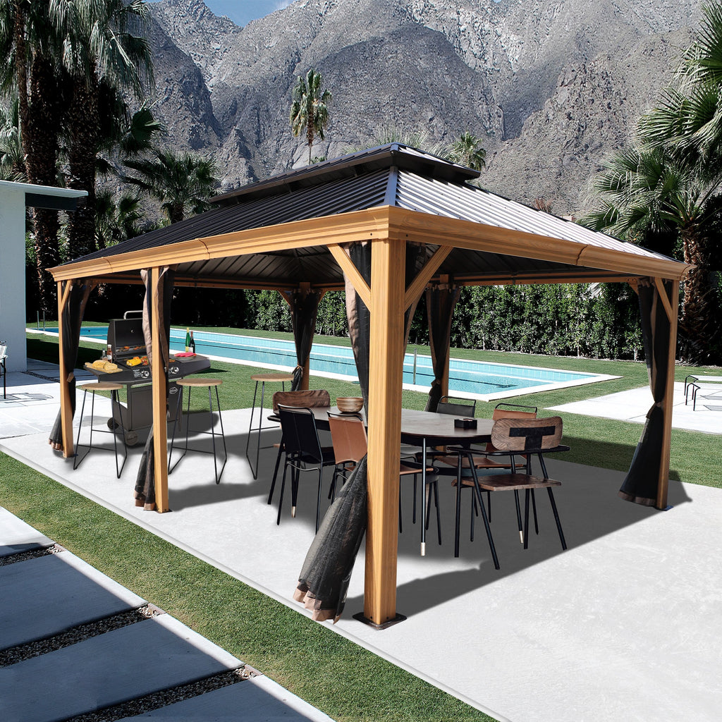 Kozyard Apollo 12’x18’ Hardtop Gazebo, Wooden Coated Aluminum Frame Canopy with Galvanized Steel Double Roof Permanent Metal Pavilion with Netting