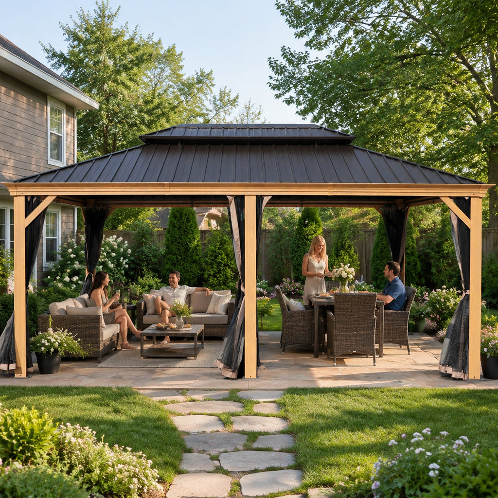 Kozyard Apollo 12’x18’ Hardtop Gazebo, Wooden Coated Aluminum Frame Canopy with Galvanized Steel Double Roof Permanent Metal Pavilion with Netting