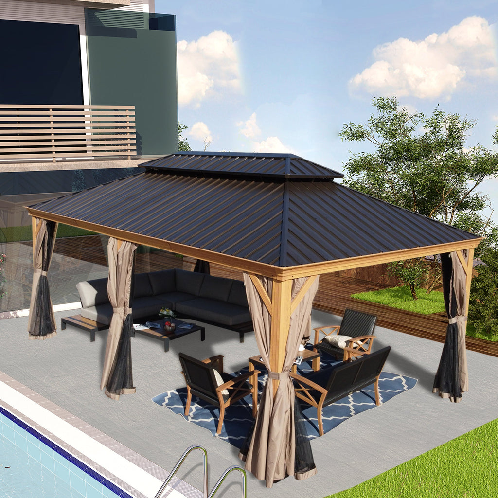 Kozyard Apollo 12’x20’ Hardtop Gazebo, Wooden Coated Aluminum Frame Canopy with Galvanized Steel Double Roof, Outdoor Permanent Metal Pavilion with Netting for Patio, Deck and Lawn