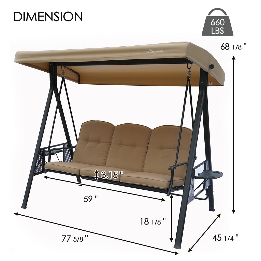 Kozyard Herbert Deluxe 3-Seat Patio Porch Swing with Stand, Adjustable Canopy, Outdoor Freestanding Swing Chair for Backyard, Poolside, Balcony, Weather-Resistant