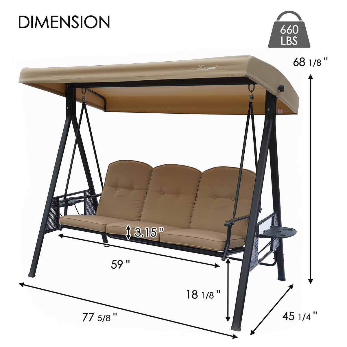 Kozyard Herbert Deluxe 3-Seat Patio Porch Swing with Stand, Adjustable Canopy, Outdoor Freestanding Swing Chair for Backyard, Poolside, Balcony, Weather-Resistant