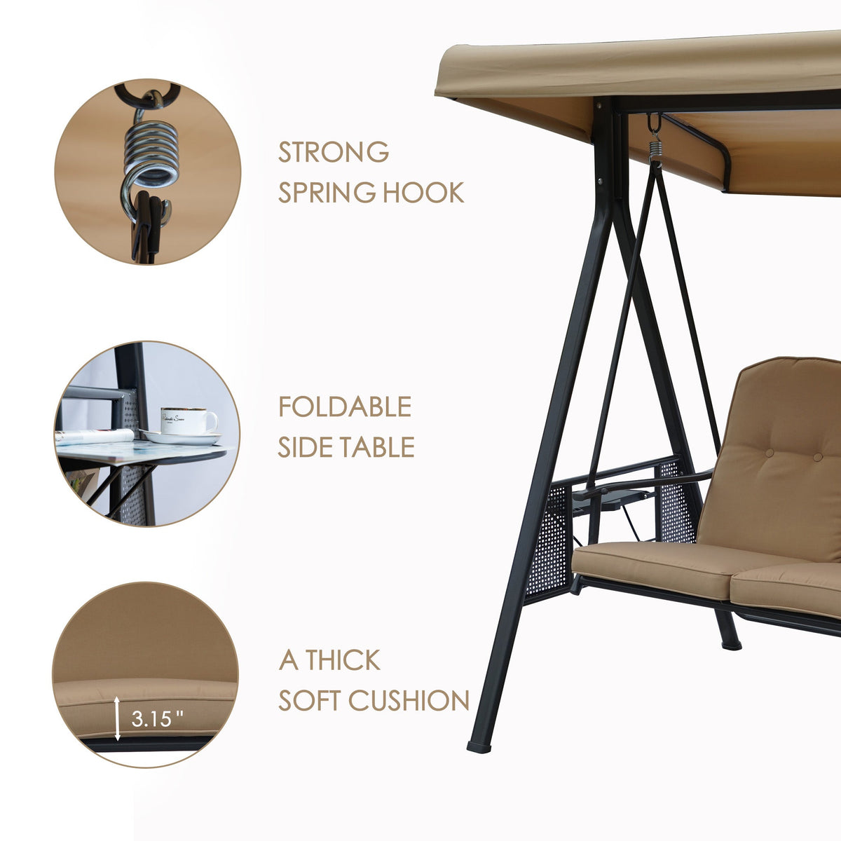 Kozyard Herbert Deluxe 3-Seat Patio Porch Swing with Stand, Adjustable Canopy, Outdoor Freestanding Swing Chair for Backyard, Poolside, Balcony, Weather-Resistant