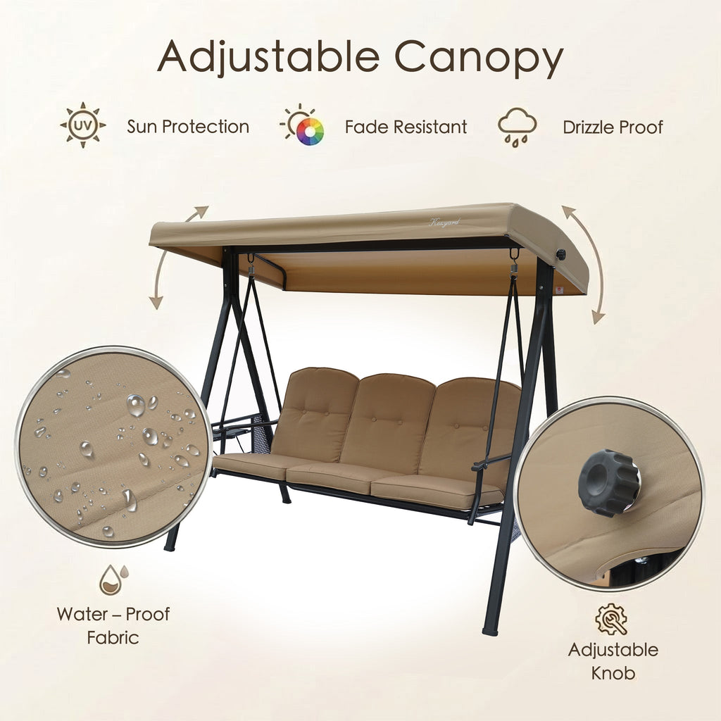 Kozyard Herbert Deluxe 3-Seat Patio Porch Swing with Stand, Adjustable Canopy, Outdoor Freestanding Swing Chair for Backyard, Poolside, Balcony, Weather-Resistant