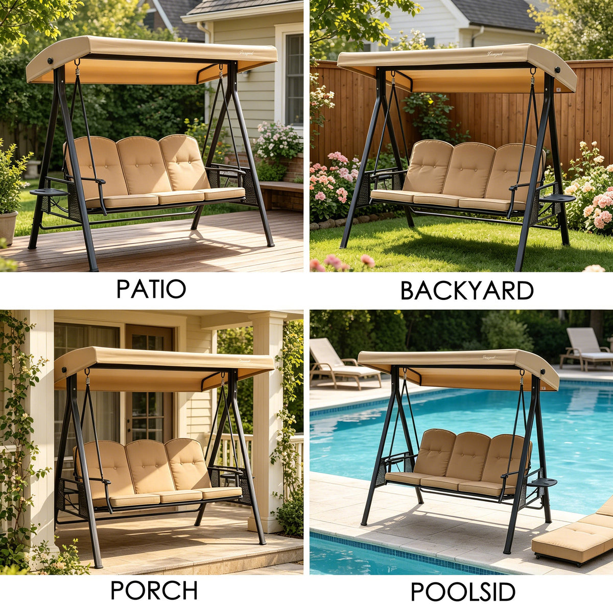 Kozyard Herbert Deluxe 3-Seat Patio Porch Swing with Stand, Adjustable Canopy, Outdoor Freestanding Swing Chair for Backyard, Poolside, Balcony, Weather-Resistant