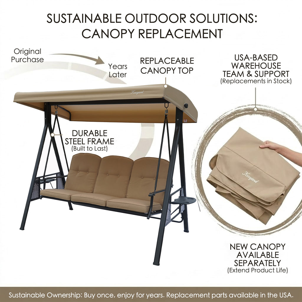 Kozyard Herbert Deluxe 3-Seat Patio Porch Swing with Stand, Adjustable Canopy, Outdoor Freestanding Swing Chair for Backyard, Poolside, Balcony, Weather-Resistant