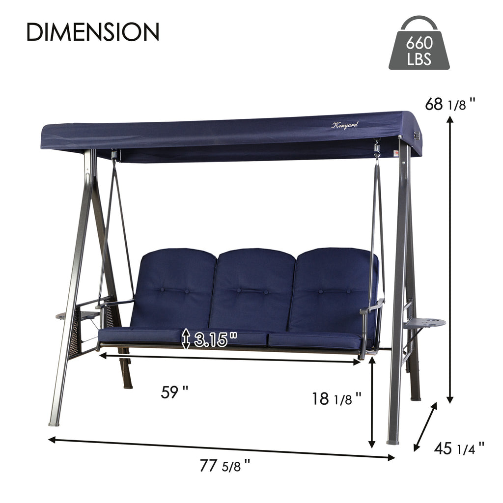 Kozyard Herbert Deluxe 3-Seat Patio Porch Swing with Stand, Adjustable Canopy, Outdoor Freestanding Swing Chair for Backyard, Poolside, Balcony, Weather-Resistant