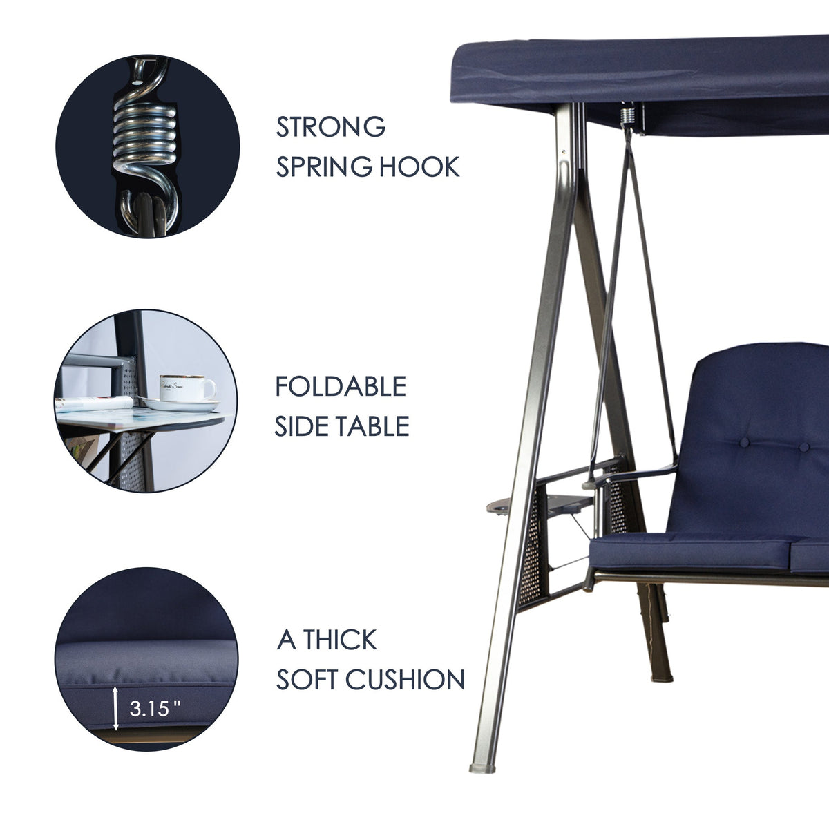Kozyard Herbert Deluxe 3-Seat Patio Porch Swing with Stand, Adjustable Canopy, Outdoor Freestanding Swing Chair for Backyard, Poolside, Balcony, Weather-Resistant