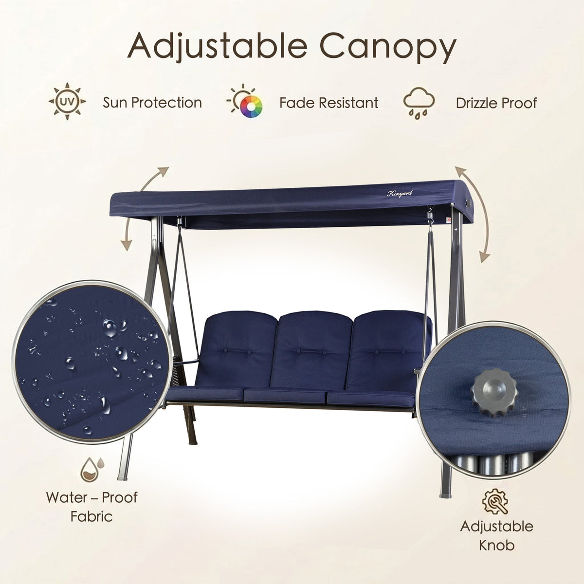 Kozyard Herbert Deluxe 3-Seat Patio Porch Swing with Stand, Adjustable Canopy, Outdoor Freestanding Swing Chair for Backyard, Poolside, Balcony, Weather-Resistant