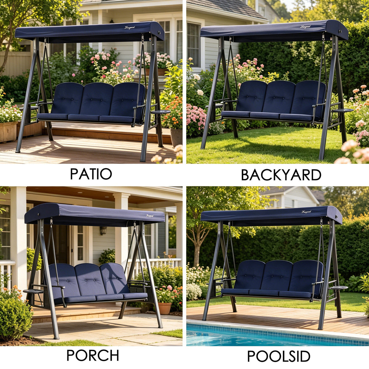 Kozyard Herbert Deluxe 3-Seat Patio Porch Swing with Stand, Adjustable Canopy, Outdoor Freestanding Swing Chair for Backyard, Poolside, Balcony, Weather-Resistant