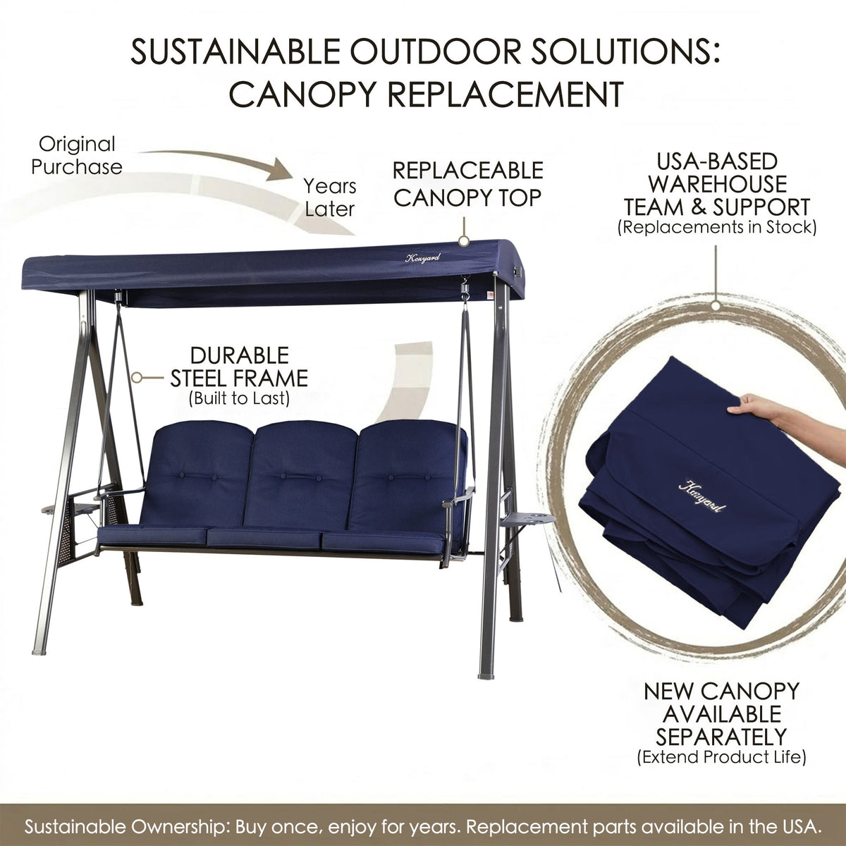 Kozyard Herbert Deluxe 3-Seat Patio Porch Swing with Stand, Adjustable Canopy, Outdoor Freestanding Swing Chair for Backyard, Poolside, Balcony, Weather-Resistant