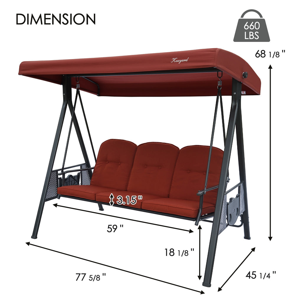 Kozyard Herbert Deluxe 3-Seat Patio Porch Swing with Stand, Adjustable Canopy, Outdoor Freestanding Swing Chair for Backyard, Poolside, Balcony, Weather-Resistant
