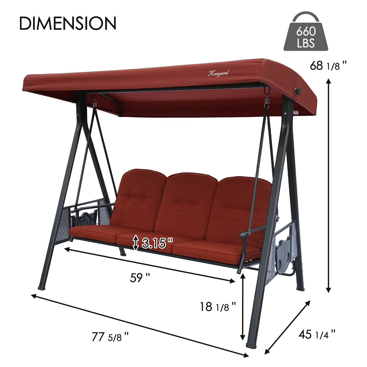 Kozyard Herbert Deluxe 3-Seat Patio Porch Swing with Stand, Adjustable Canopy, Outdoor Freestanding Swing Chair for Backyard, Poolside, Balcony, Weather-Resistant