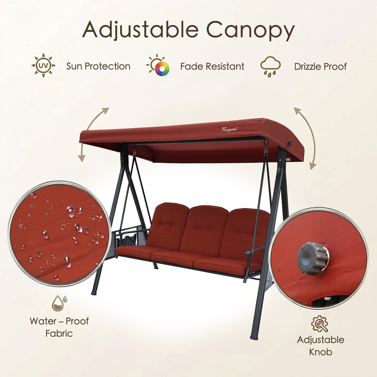 Kozyard Herbert Deluxe 3-Seat Patio Porch Swing with Stand, Adjustable Canopy, Outdoor Freestanding Swing Chair for Backyard, Poolside, Balcony, Weather-Resistant