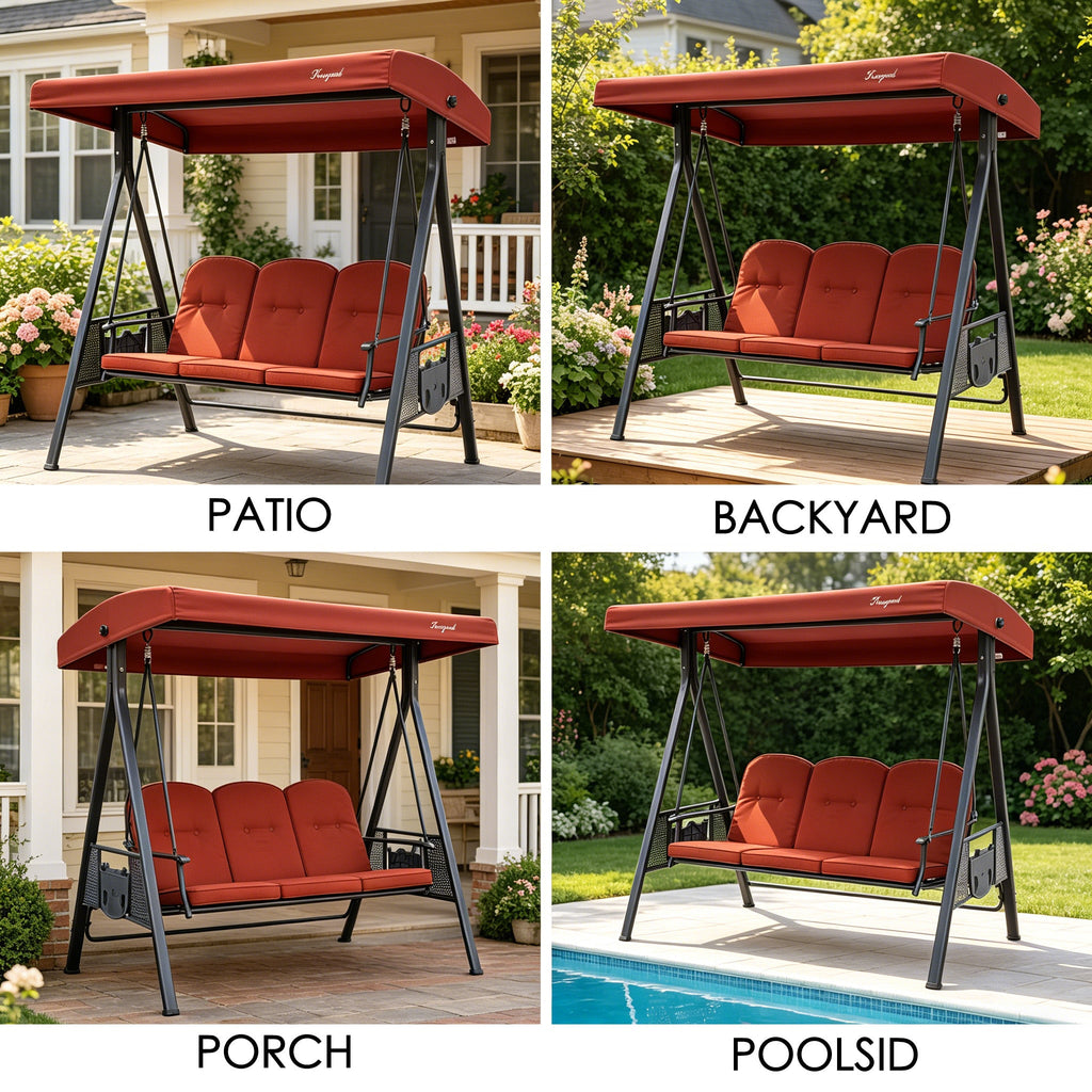 Kozyard Herbert Deluxe 3-Seat Patio Porch Swing with Stand, Adjustable Canopy, Outdoor Freestanding Swing Chair for Backyard, Poolside, Balcony, Weather-Resistant