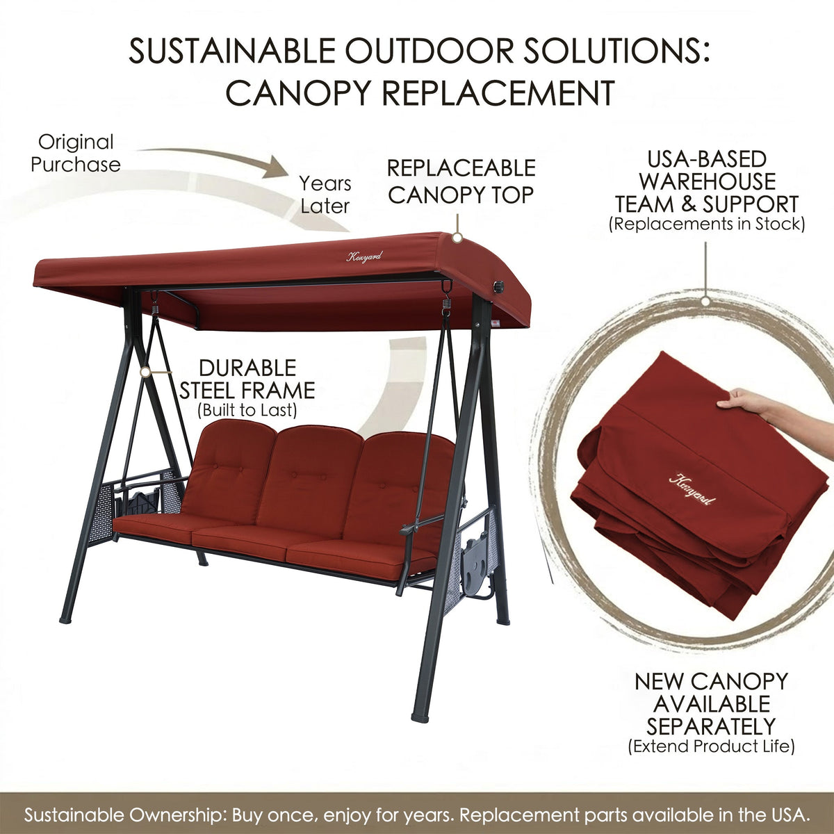 Kozyard Herbert Deluxe 3-Seat Patio Porch Swing with Stand, Adjustable Canopy, Outdoor Freestanding Swing Chair for Backyard, Poolside, Balcony, Weather-Resistant