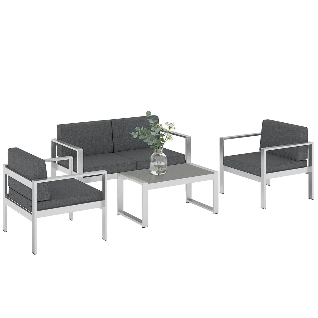 4-Seater Aluminium Sofa Set with Faux Wood Table and Olefin Cushions, Dark Grey
