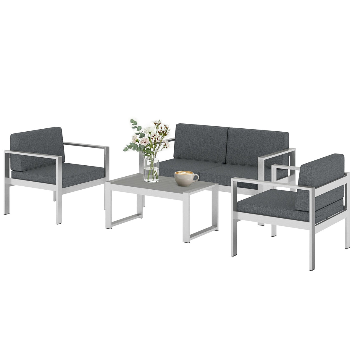 4-Seater Aluminium Sofa Set with Faux Wood Table and Olefin Cushions, Dark Grey