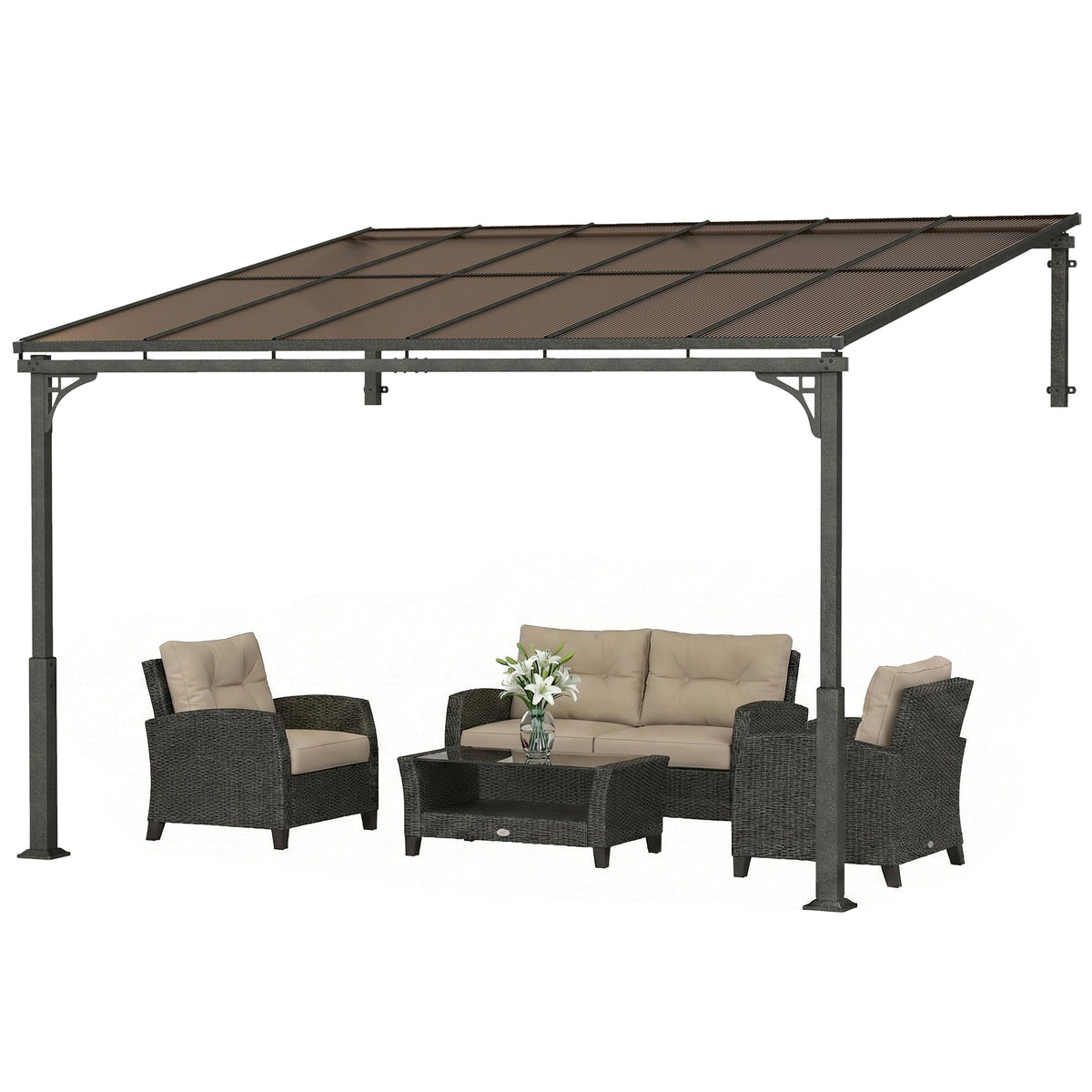 11' x 10' Wall Mounted Lean-to Pergola with Polycarbonate Roof, Brown