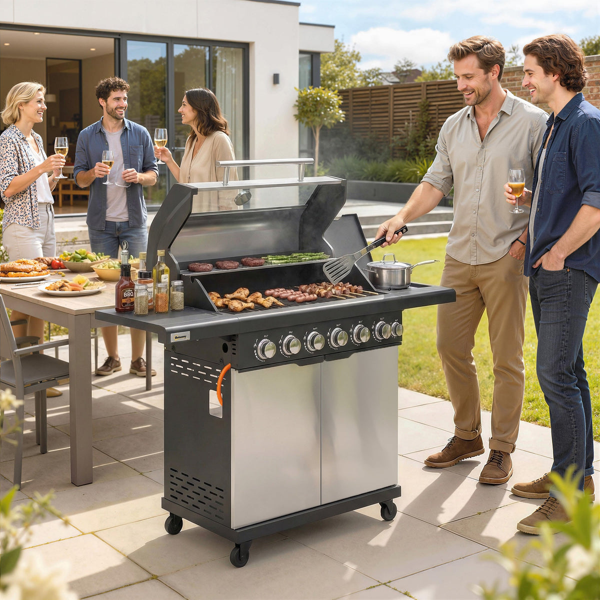 6+1 Burner Gas BBQ Grill with Cabinet and Viewing Window, Silver Tone