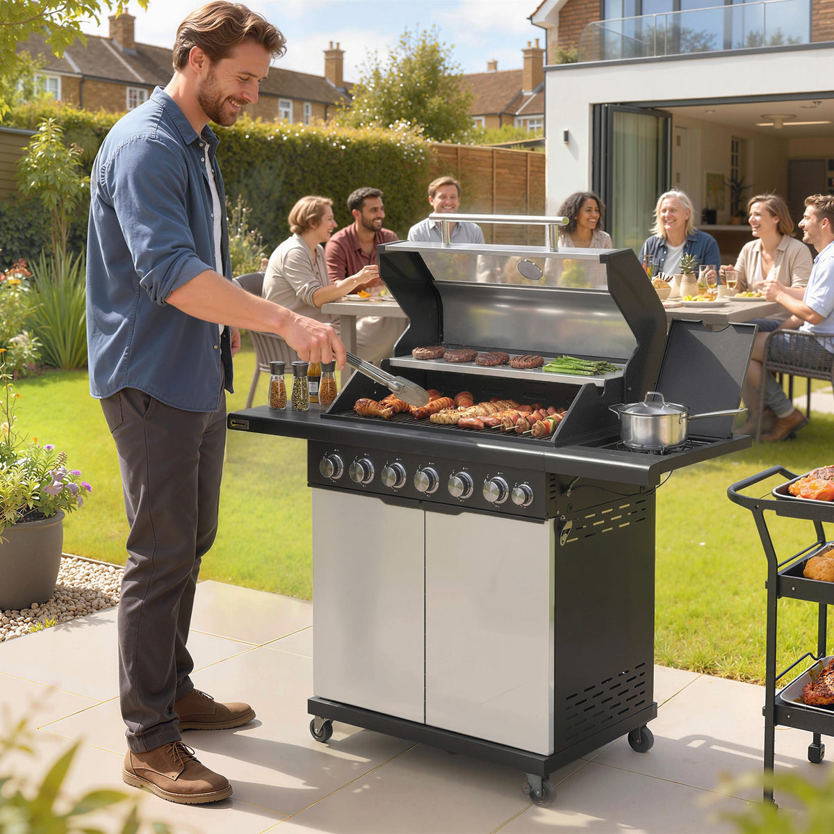 6+1 Burner Gas BBQ Grill with Cabinet and Viewing Window, Silver Tone