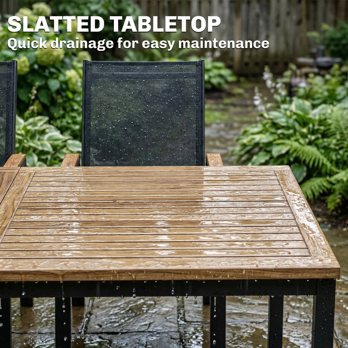 7-Piece Outdoor Dining Set with Slatted Rectangle Table and 6 Mesh Chairs, Black