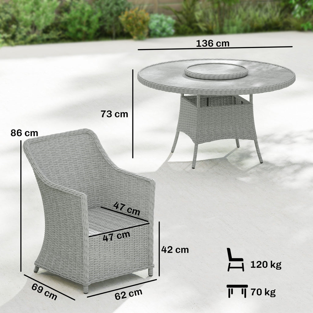 6 Seater Rattan Dining Set with Lazy Susan and Marble Effect Table, Grey