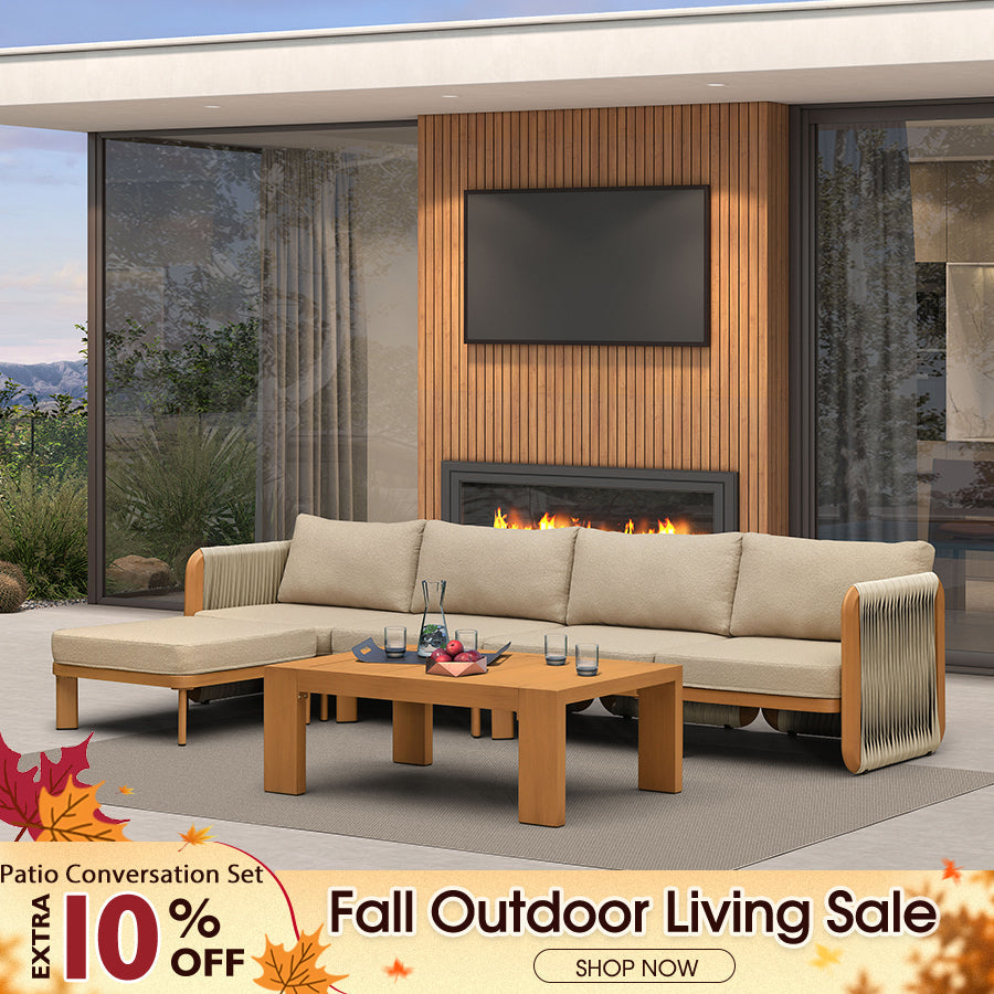 PURPLE LEAF Byron L-Shaped Modular Outdoor Sectional with Wide-Band Woven Design and Wood-Grain Aluminum Frame for Garden Patio